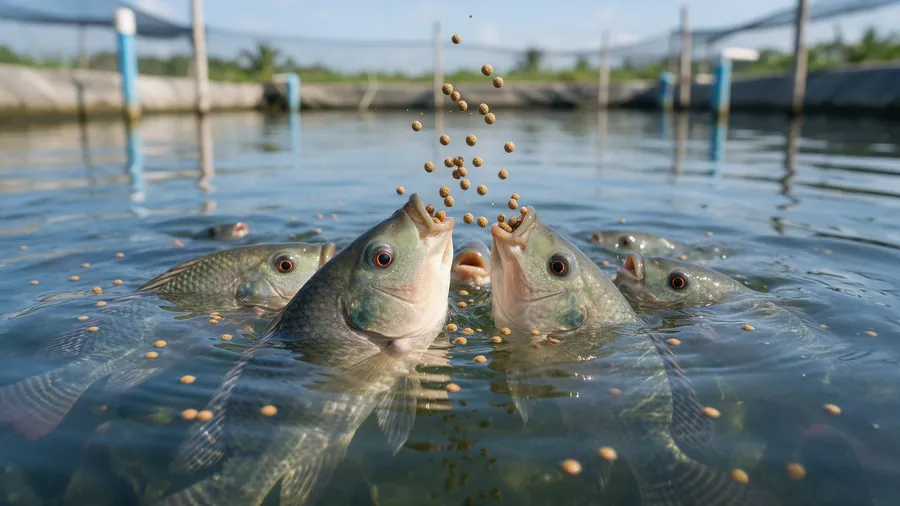 Peixes na superfície com ração